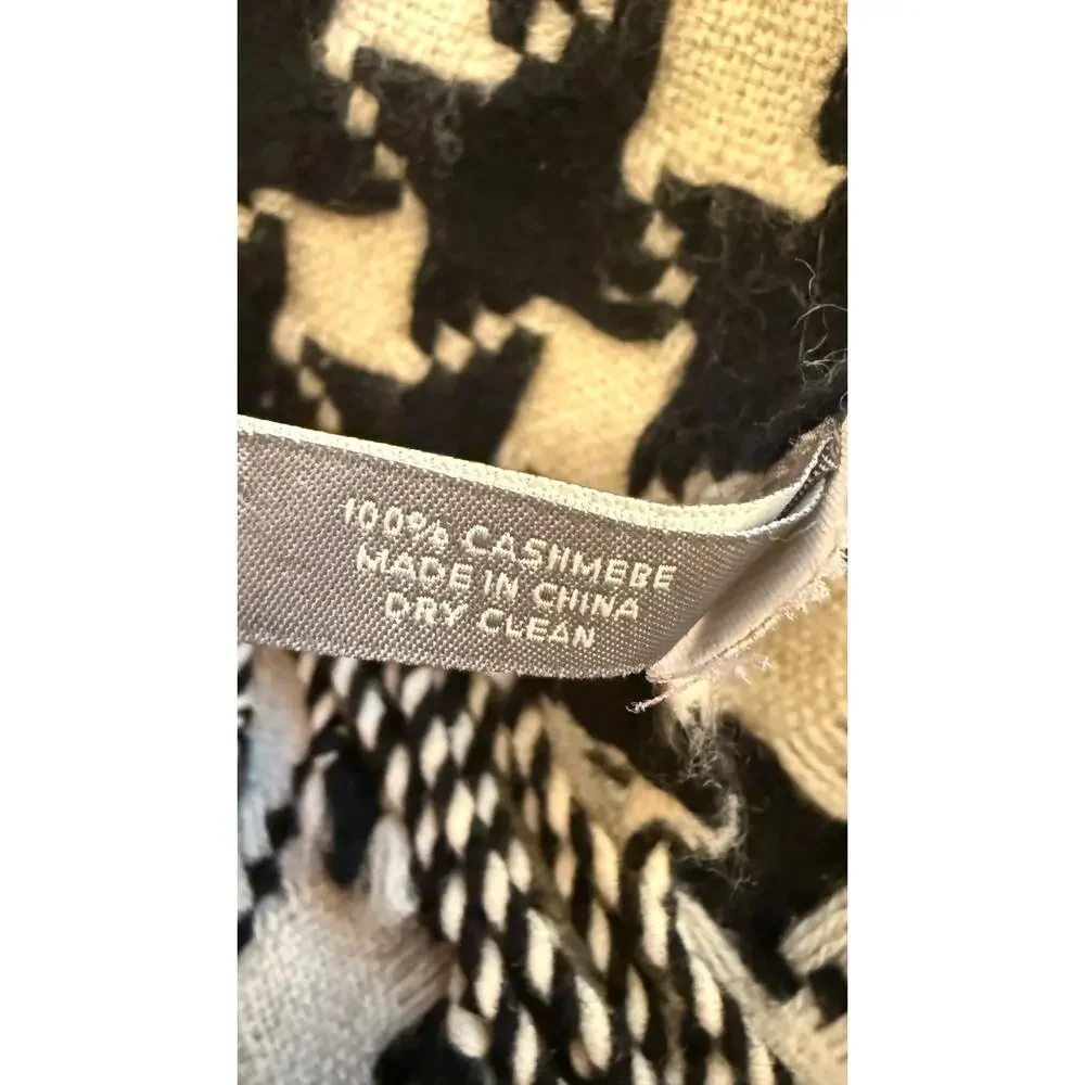 Ann Taylor 100% Cashmere Houndstooth Fringe Scarf Black Ivory Soft Wrap